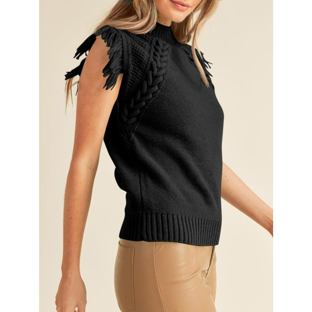 Saodimallsu Women's Sweater Vest LARGE Black Mock Neck Fringe Cap Sleeve Boho - Picture 3 of 5